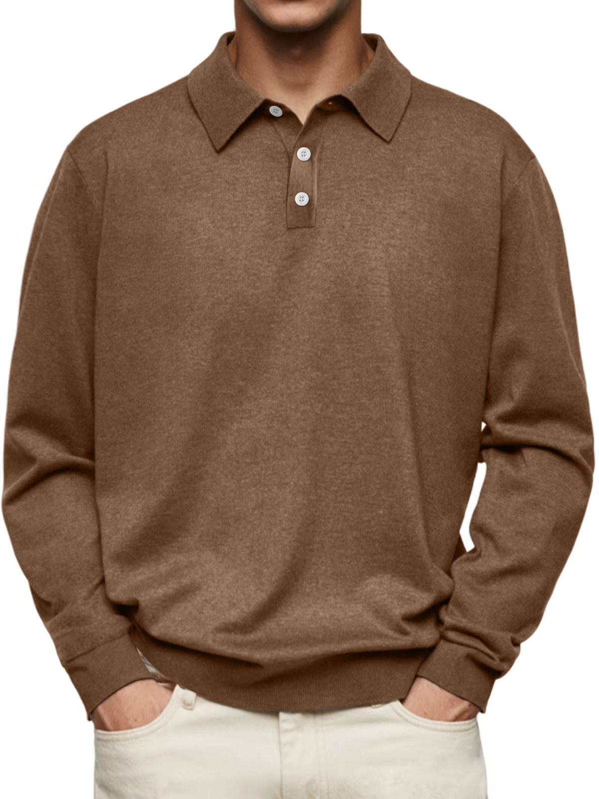Patterned Collar Long Sleeve Polo Shirt